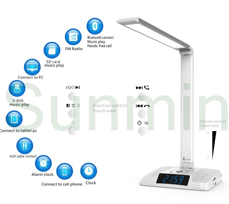 Wireless charge LED desk lamp built_in blue_tooth speaker